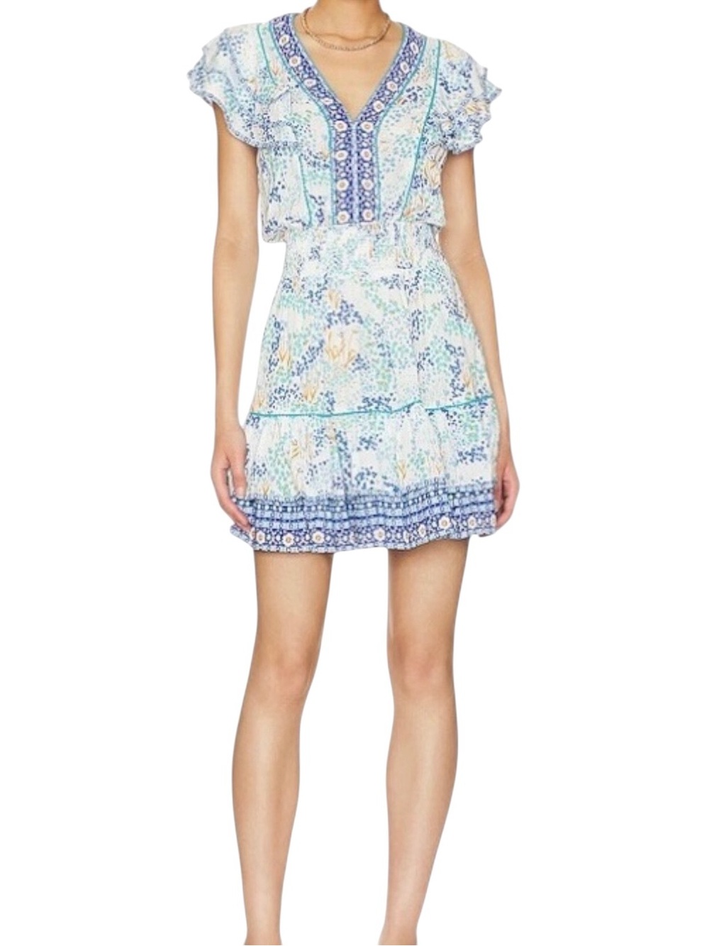 Poupette St. Barth Camila Floral Flutter Sleeve V-Neck Tiered Mini Dress SizeXXS